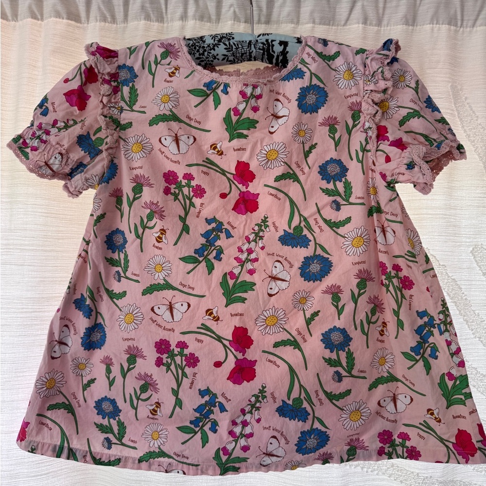 Mini Boden Girls butterfly Garden Floral Pink Blouse with Ruffle Sleeves 11/12
